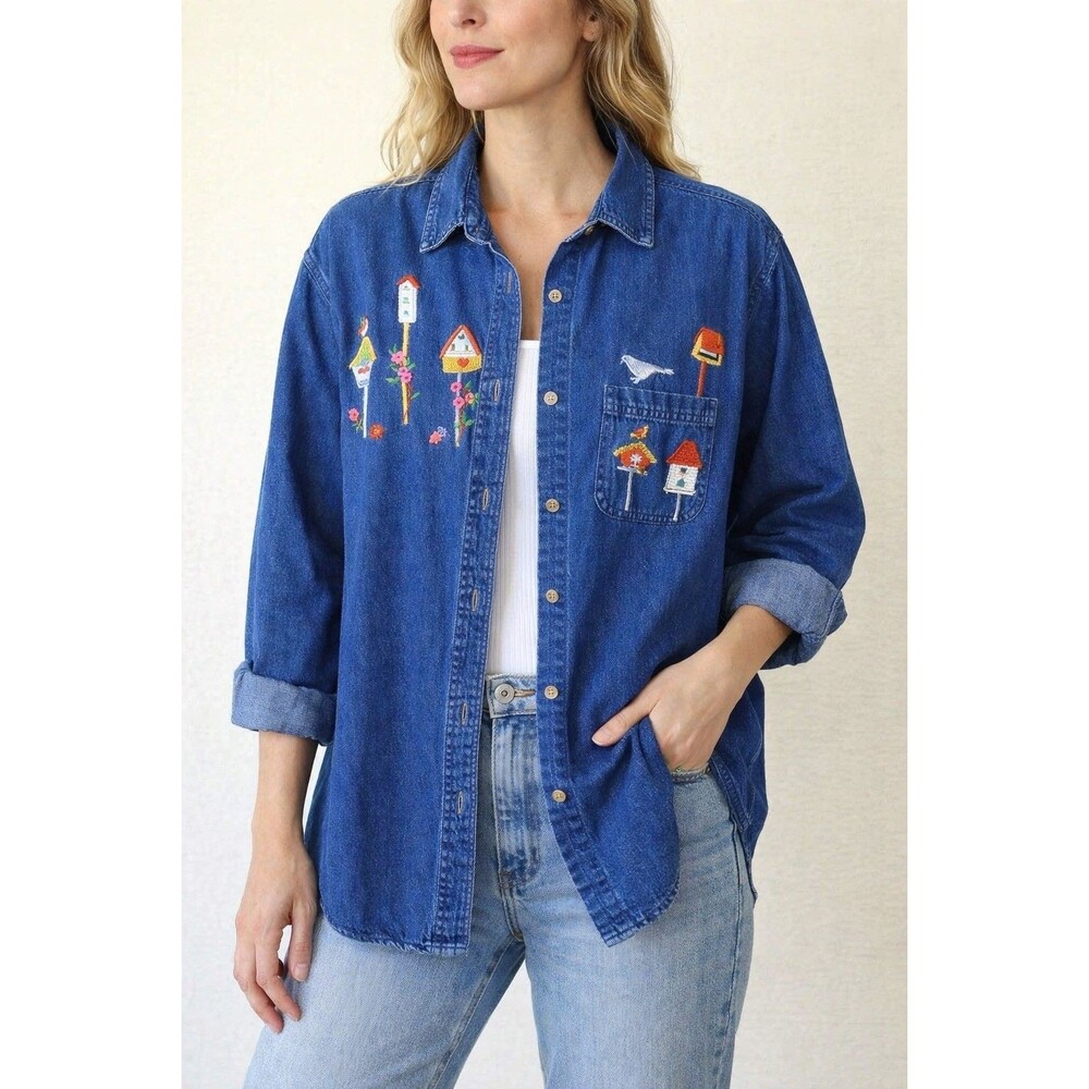 Cabin Creek Blue Denim Button Up Embroidered Top VTG Womens Large Birdhouse